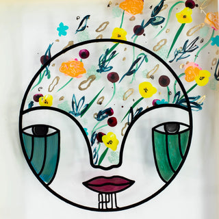 Artistic depiction of a face with floral elements on a light background