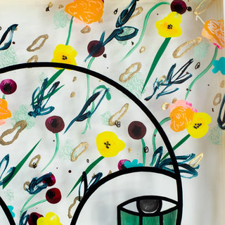 Artistic depiction of flowers and a wheel with an eye in the center on a white background.