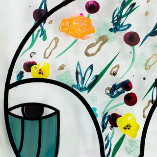 Abstract artwork with flowers and a face-like design on a white background