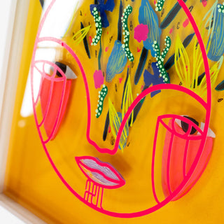 Colorful abstract design on a yellow background with pink and blue elements.
