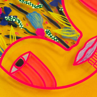 Colorful portrait artwork on a yellow background