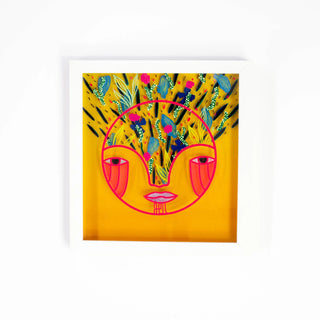 Colorful abstract art print with a face design on a yellow background