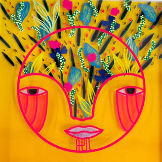 Colorful abstract design with a face on a yellow background