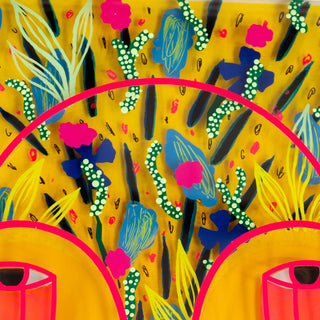 Colorful abstract design with floral elements on a yellow background