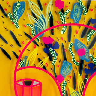 Colorful abstract design with eye-like shapes and floral elements on a yellow background