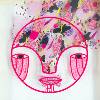 Artistic illustration of a face with pink lips and eyes, surrounded by abstract patterns on a white background.