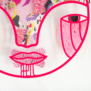 Abstract art piece with pink outlines of a face on a white background